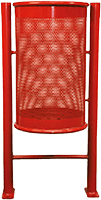 bote de basura cilindrico metalico con perforaciones en una estructura metalica con forma H color rojo