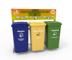 tres botes de reciclaje para residuos plasticos organicos papel y carton