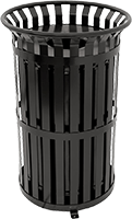 bote de basura metalico con franjas metalicas delgadas y parte superior con forma de embudo para la basura color negro