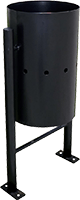 bote de basura para parques cilindrico color negro sobre estructura metalica en forma de H