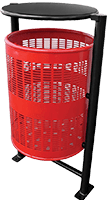 bote de basura cilindrico metalico grande de 130 litros de capacidad color rojo con estructura metalica en forma de H color negra