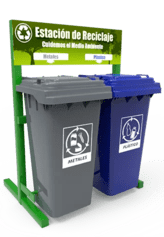 botes de reciclaje para separacion de residuos inorgánicos y papel en una estructura metalica para exterior
