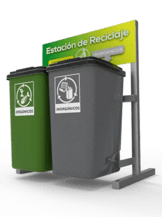 bote de reciclaje para residuos orgánicos e inorgánicos color verde y gris sobre una estructura metálica