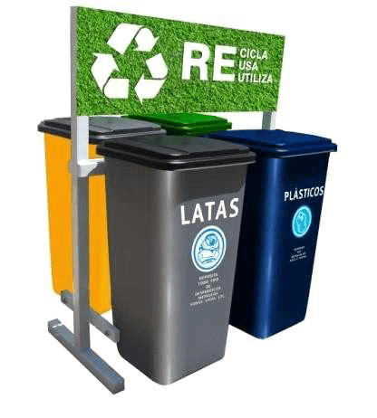 cuatro botes de reciclaje para residuos plasticos, inorganicos, organicos, papel y carton