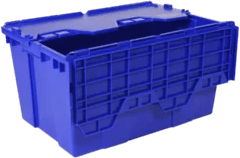 Caja agrícola de plástico con bisagras color azul con una capacidad de carga de 30 kg