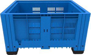 Caja agrícola de plástico color azul con una capacidad de volumen de 500 kilogramos