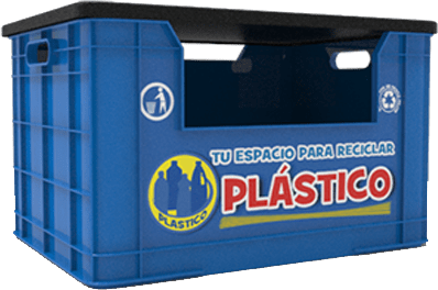 Caja agrícola de plástico color azul apilable con aberturas laterales como agarraderas y frontal de llenado