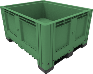 Caja agrícola de plástico sin rejilla color verde con una capacidad de volumen de 580 litros.