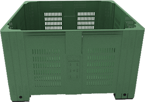 Caja agrícola de plástico con rejilla color verde con una capacidad de volumen de 580 litros
