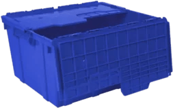 Caja agrícola de plástico con bisagras color azul con una capacidad de carga de 35 kg. 