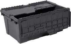 Caja agrícola de plástico con bisagras color negra con una capacidad de carga de 25 kg