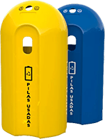contenedores de pilas usadas ecobattery color amarillo y azul