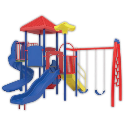 juego infantil para parques con resbaladilla color azul y dos columpios
