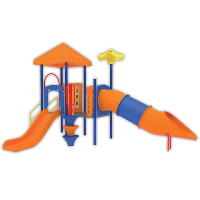 juego infantil para parques con techo modelo marco 400, tobogan color naranja y resbaladilla