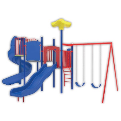 juego para parques infantiles con 2 resbaladillas azules y 2 columpios