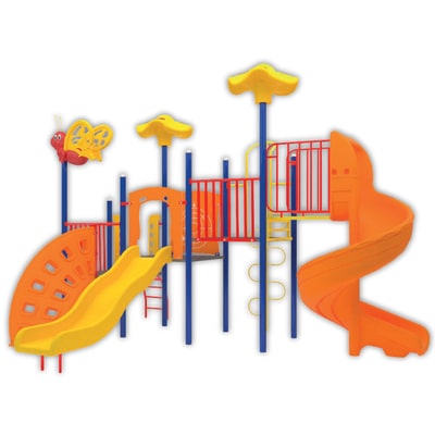 juego para parques infantiles con dos resbaladillas color naranja y decoracion de mariposa modelo merida 400