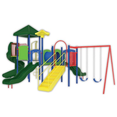 juego para parques infantiles con tres resbaladillas color verde, escaleras y dos columpios modelo merida 750