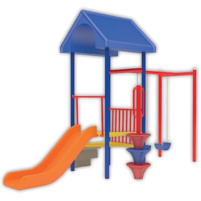 juego para parques de niños con una resbaladilla color naranja, escaleras y dos columpios con techo modelo modular luna