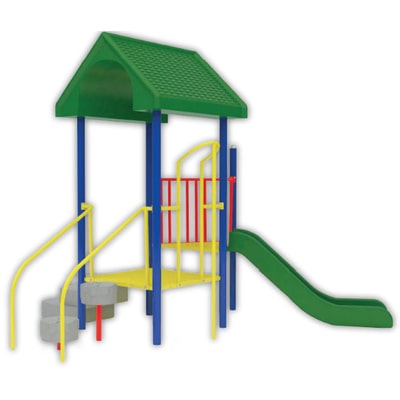 juego para parques de niños con una resbaladilla color verde, escaleras y tubo de descenso con techo modelo modular marte