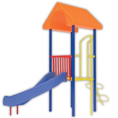juego para parques de niños con una resbaladilla color azul, escaleras y tubo de descenso con techo modelo modular mercurio