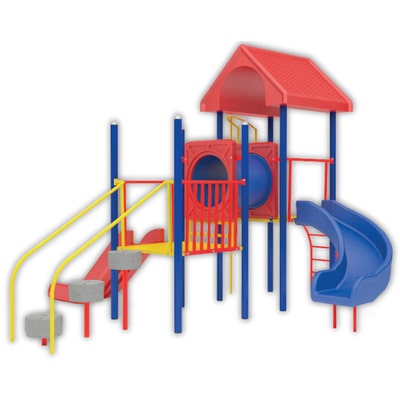 juego para parques de niños con una resbaladilla color azul, escaleras con Barandales y tubo de descenso con techo modelo modular tierra