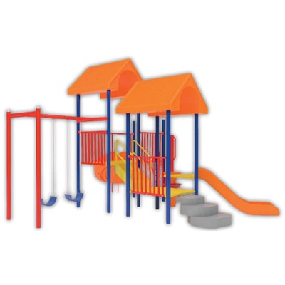 juego para parques infantiles con una resbaladilla color naranja, escaleras con Barandales con techo y dos columpios modelo modular venus