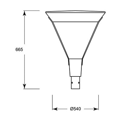 Diagrama acotado de la luminaria LED Saás Slim de Xanthium, altura 66 cm y diámetro 54 cm.