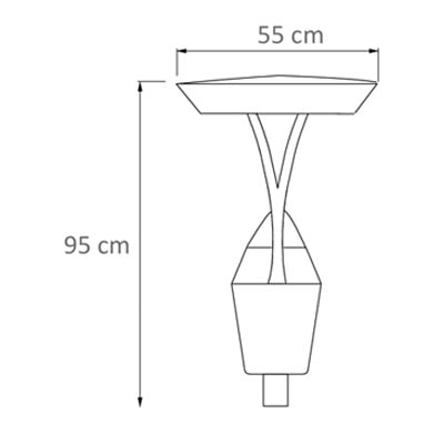 Diagrama acotado de la luminaria LED Saás de Xanthium con dimensiones de 95 cm de alto y 55 cm de diámetro.