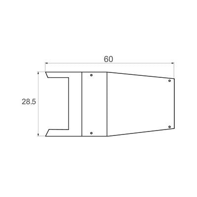 Diagrama acotado de la luminaria LED XT de Xanthium con medidas de 60 cm de largo y 28 cm de ancho.