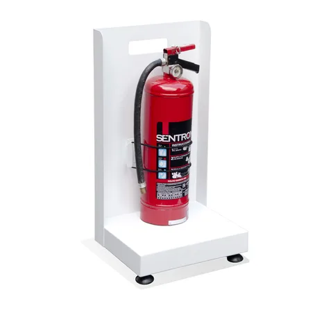 Porta extintor metalico Screen blanco con ruedas y niveladores