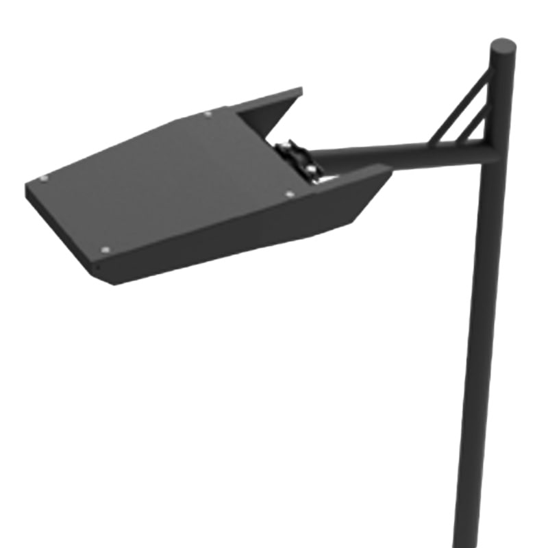 Detalle superior del poste metálico de alumbrado público modelo Bombay con luminaria LED