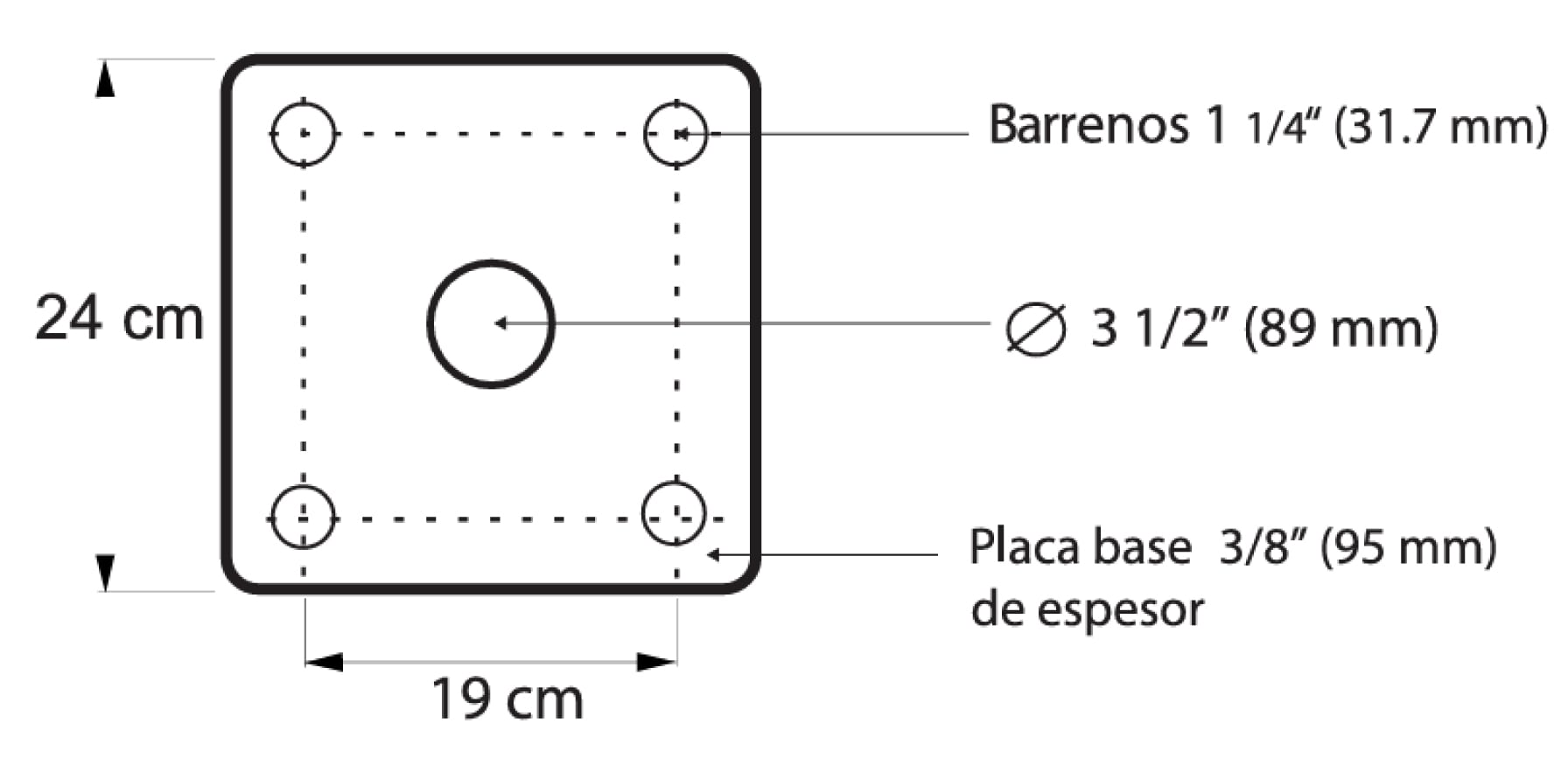 Plano técnico de placa base para poste de alumbrado público con dimensiones de 24 por 24 centímetros, cuatro barrenos de 31.7 mm y orificio central de 89 mm.