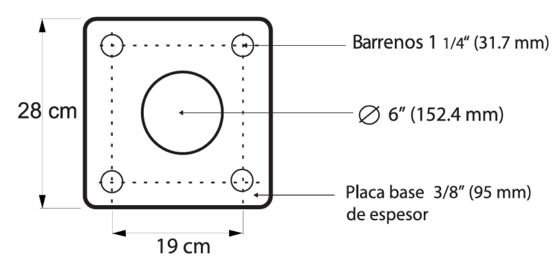 Plano técnico de placa base para poste de alumbrado público con dimensiones de 28 por 28 centímetros, cuatro barrenos de 31.7 mm y orificio central de 152 mm.