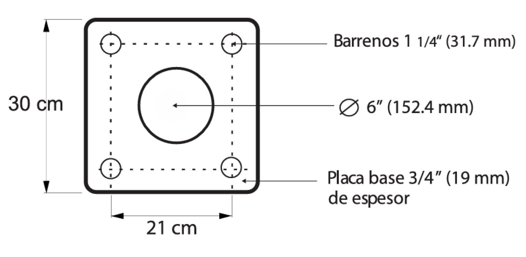 Plano técnico de placa base para poste de alumbrado público con dimensiones de 30 por 30 centímetros, cuatro barrenos de 31.7 mm y orificio central de 152 mm.