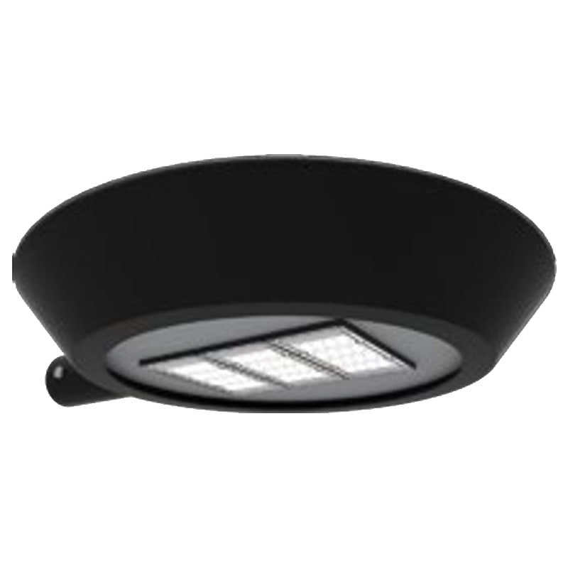 Detalle superior del poste metálico de alumbrado público modelo Marbella con luminaria LED moderna