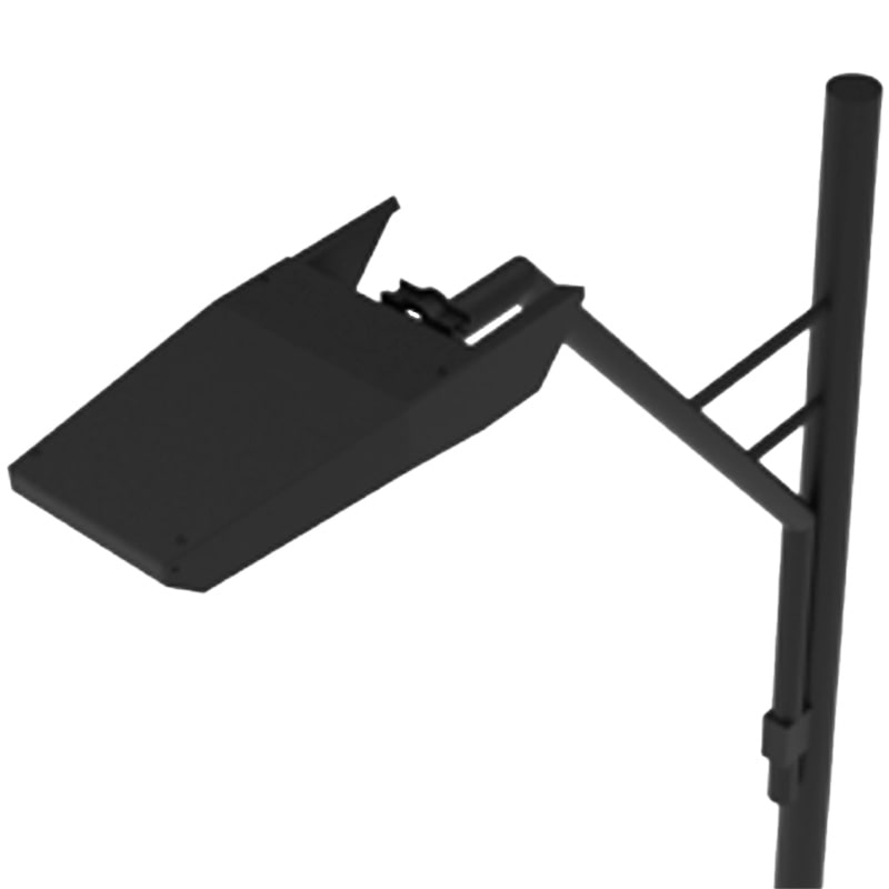 Detalle superior del poste metálico de alumbrado público modelo Mayal con luminaria instalada