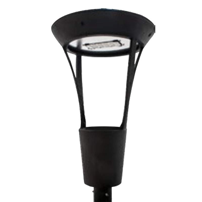 Detalle superior del poste metálico de alumbrado público modelo Saás con luminaria decorativa